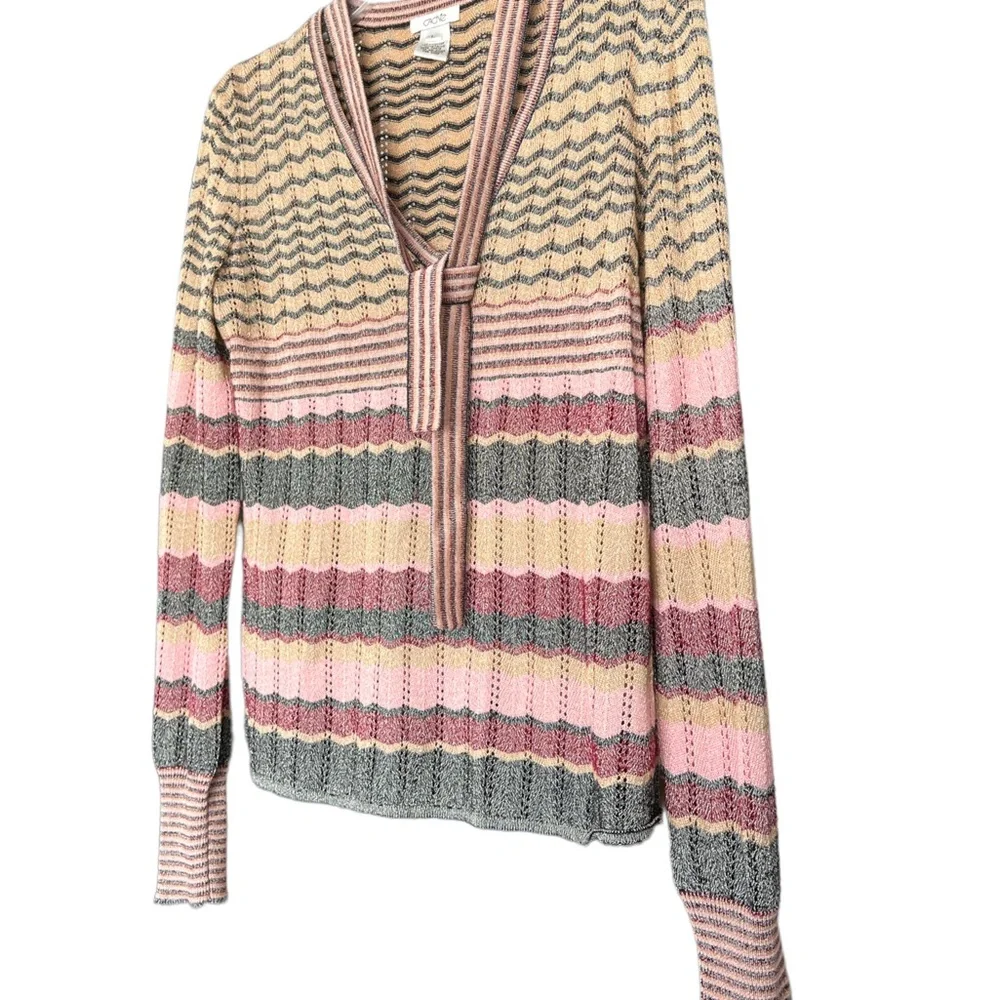 Vintage Cache Boho Large Multicolor Metallic Tie Neck Sweater Striped Chevron. - Picture 2 of 9